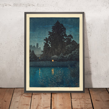 A framed image of Omiya in the Rain by Hasui Kawase 1935