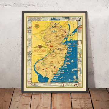 Alte bildliche Karte von New Jersey von Des Rosiers 1939: Washington Crossing, Trenton-Princeton, Morristown, Monmouth, D&R-Kanal 