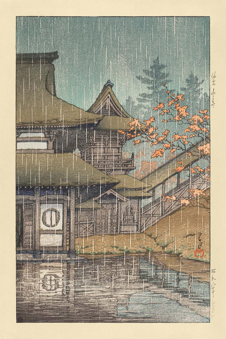 Yamadera-Tempel an einem regnerischen Tag in Sendai von Hasui Kawase, 1935 