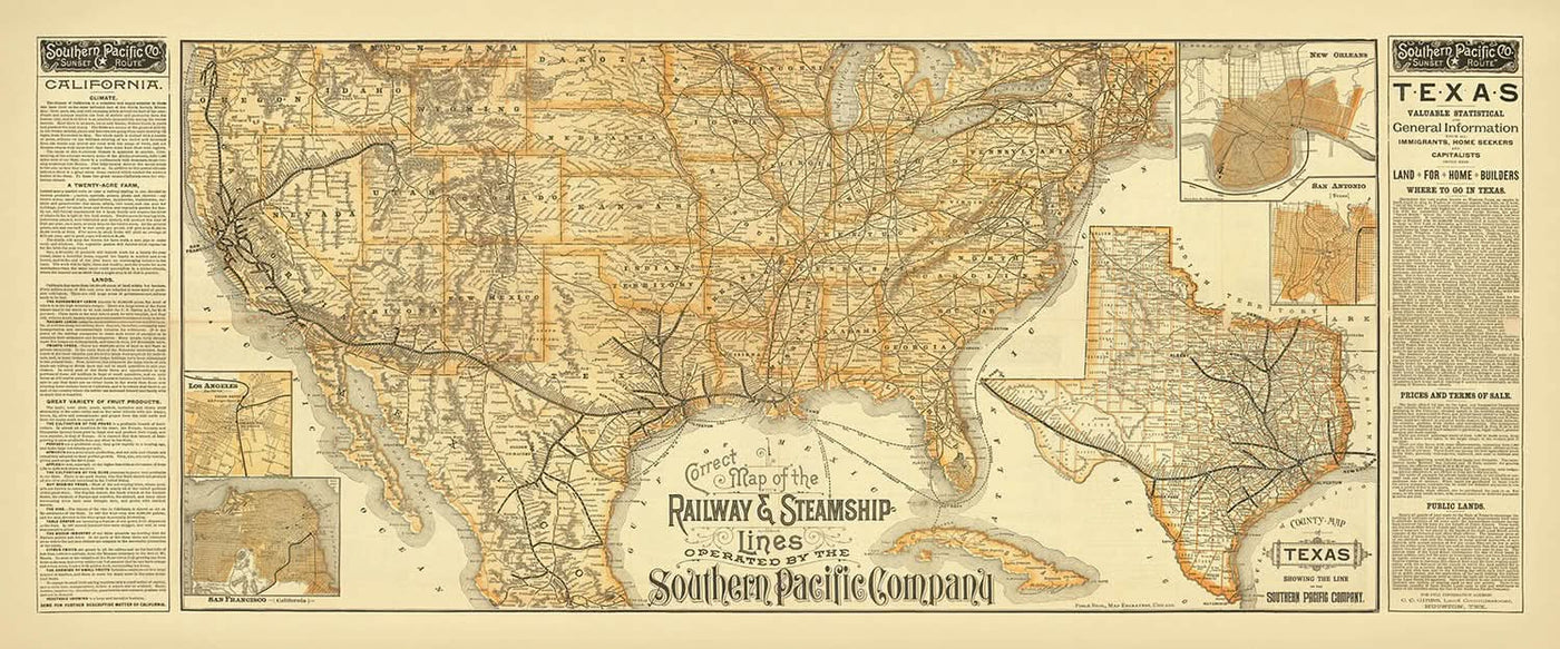 Große alte seltene Karte der Vereinigten Staaten von Poole Brothers, 1893: Eisenbahnen, Dampfschifffahrtsrouten 