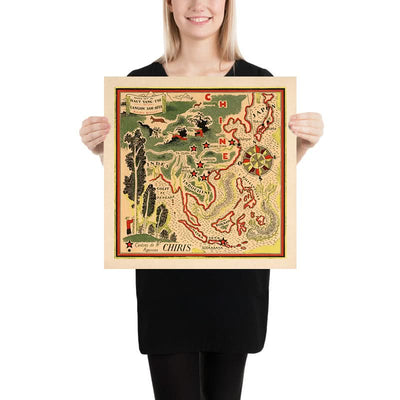 Alter bildlicher Stadtplan von China von Mazuyer, 1931: Shanghai, Drachen, Golf von Bengalen, Indochina 