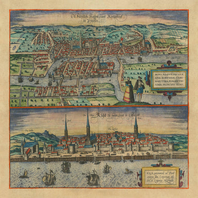 Ancienne carte de Kaliningrad et de Riga par Braun & Hogenberg, 1599 : Églises, Tours, Bateaux, Ports, Tenues 