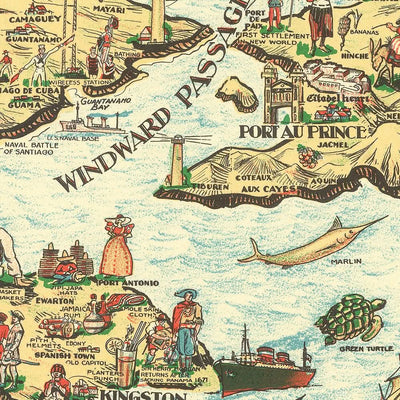 Alter bildlicher Plan der Karibik, 1936: Havanna, Nassau, Kingston, Golf von Mexiko 