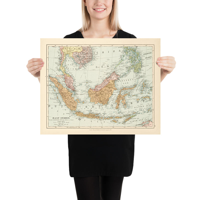Mapa antiguo de las Indias Orientales por Stanford, 1926: Indonesia, Malasia, Filipinas, Ferrocarriles 