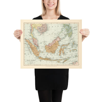 Mapa antiguo de las Indias Orientales por Stanford, 1926: Indonesia, Malasia, Filipinas, Ferrocarriles 
