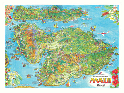 Ancienne carte picturale d'Hawaï par Forrest, 1979 : Kahului, Haleakalā, Lahaina, vallée d'Iao, Molokini 
