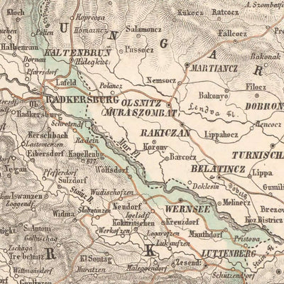 Mapa antiguo de los Alpes Orientales y Julianos por Mayr, 1874: Trieste, Eslovenia, Croacia, Mar Adriático 