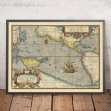 First Map of the Pacific Ocean by Ortelius, 1606: Magellan's Ship Victoria