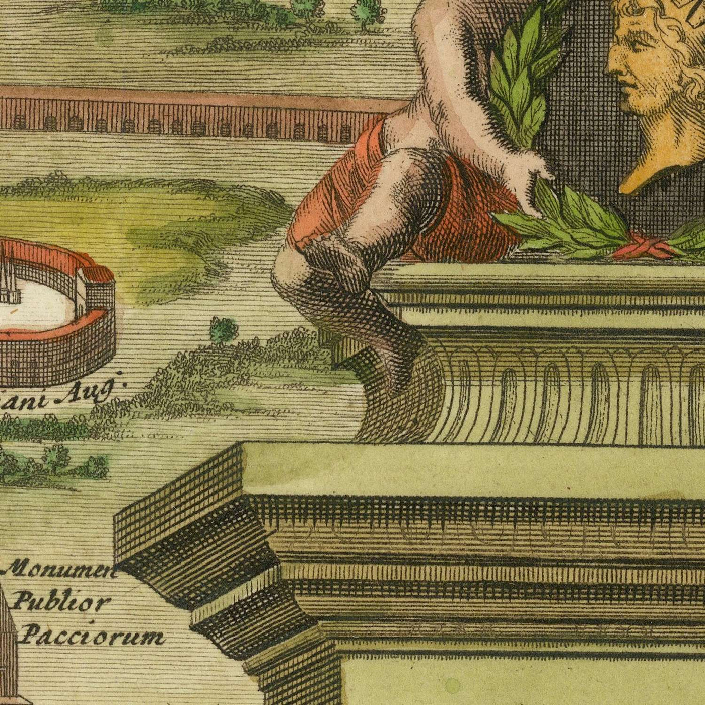 Old Pictorial Map of Ancient Rome, 1696: Tiber River, Colosseum, Circus Maximus, Pantheon, Roman Forum
