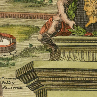 Old Pictorial Map of Ancient Rome, 1696: Tiber River, Colosseum, Circus Maximus, Pantheon, Roman Forum