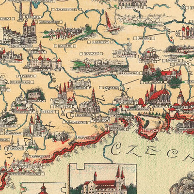 Ancienne carte picturale de l'Allemagne par Chase, 1935 : Berlin, Munich, mer du Nord, monuments, dirigeables 