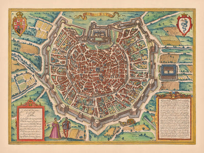 Ancienne carte de Milan par Braun & Hogenberg, 1572 : Cathédrale, Fortifications, Rues, Champs 