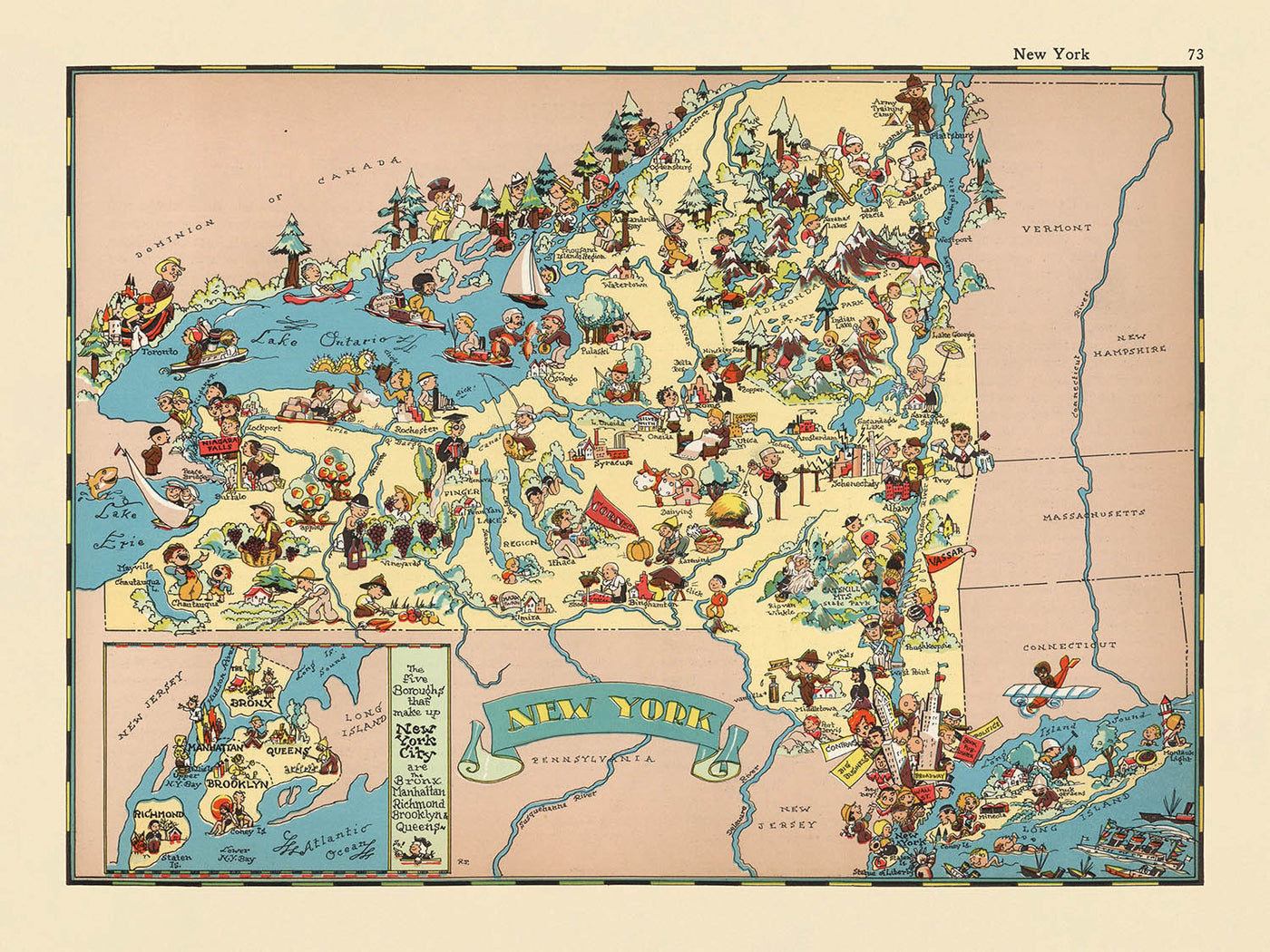 Pictorial Map of New York by Ruth Taylor White, 1935: NYC, Niagara Falls, Adirondacks, Erie Canal, Hudson River