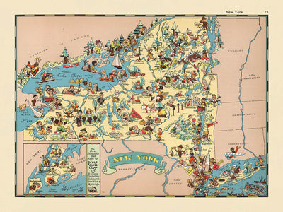 Pictorial Map of New York by Ruth Taylor White, 1935: NYC, Niagara Falls, Adirondacks, Erie Canal, Hudson River