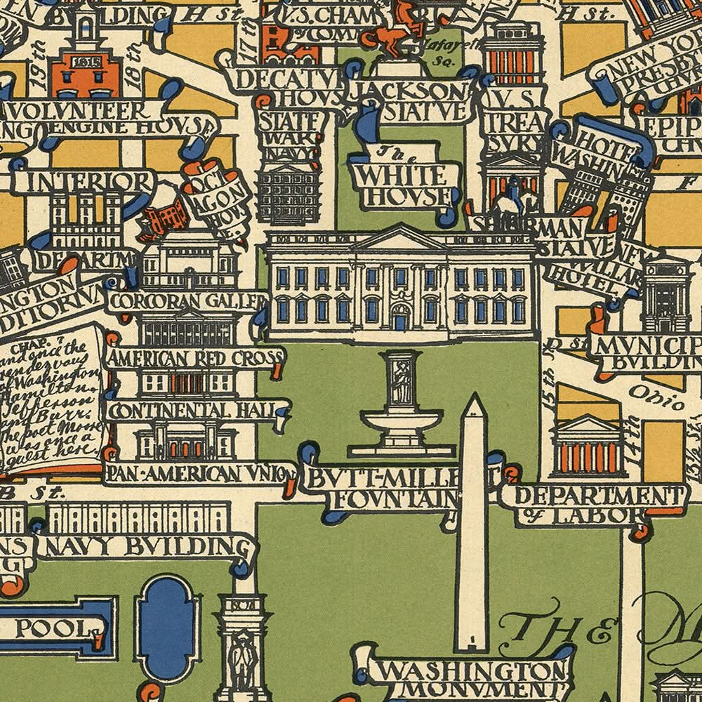 Old Pictorial Map of Washington D.C. by Olsen, 1926: White House, Capitol, Lincoln Memorial, Georgetown, The Mall