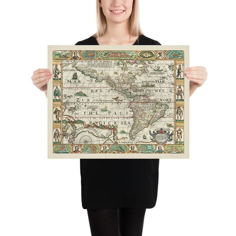 Old Map of America by Walton, 1658: California as Island, Mythical Strait, Carte-à-Figures Style