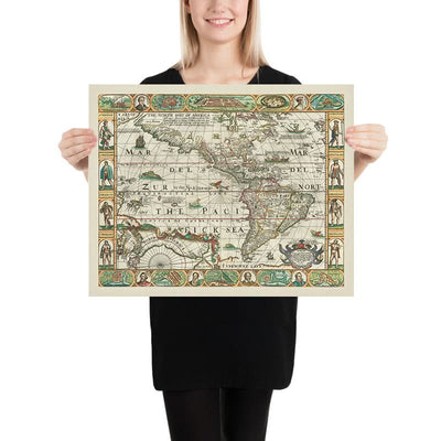 Old Map of America by Walton, 1658: California as Island, Mythical Strait, Carte-à-Figures Style