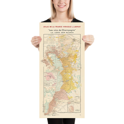 Ancienne carte des vins de la Côte des Blancs par Larmat, 1944 : Champagne, Vignobles, Qualité des raisins, Villes 