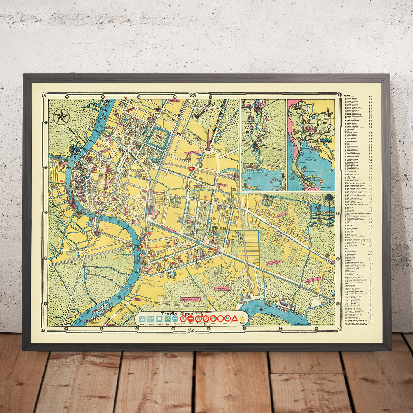 Old Map of Bangkok, 1954: Chao Phraya, Wat Arun, Grand Palace, Dusit, Lumphini Park