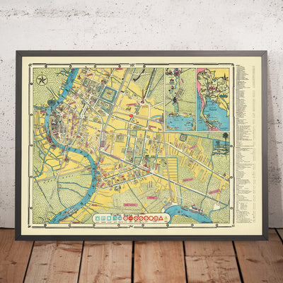 Old Map of Bangkok, 1954: Chao Phraya, Wat Arun, Grand Palace, Dusit, Lumphini Park