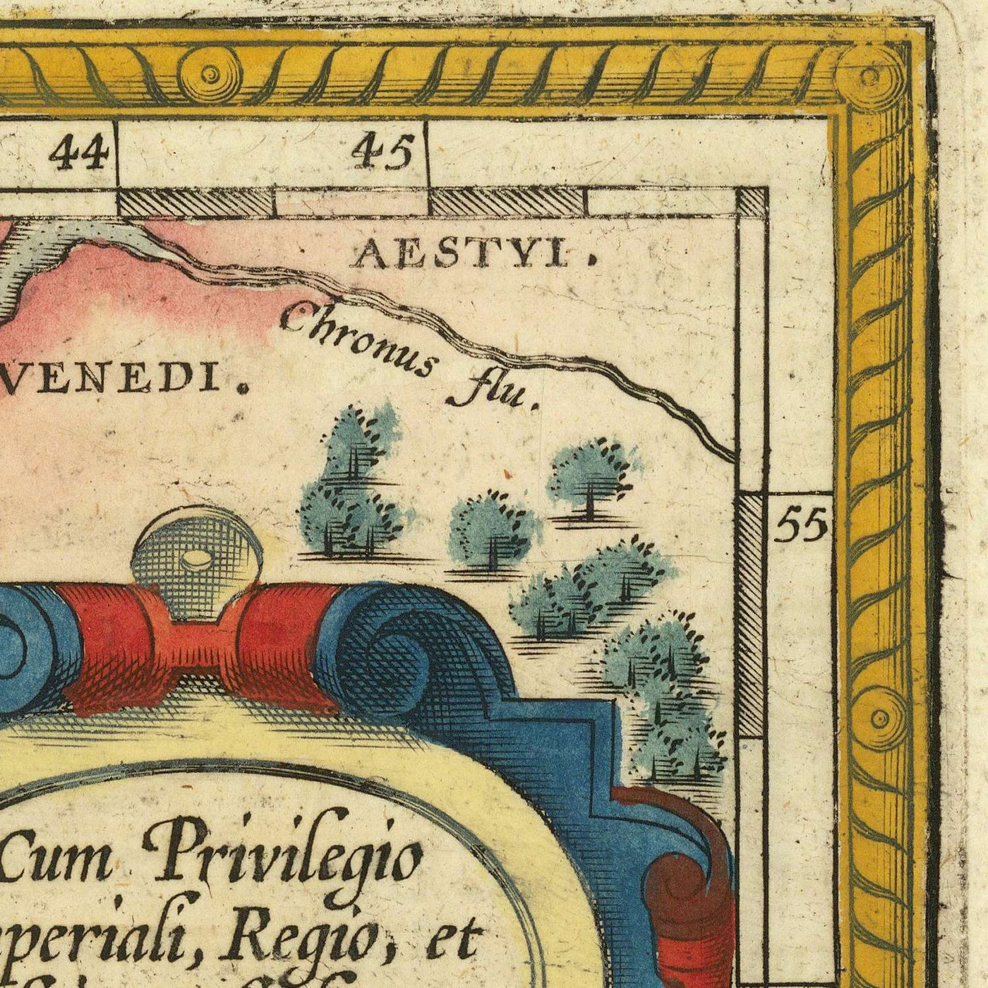 Mapa antiguo de Alemania y Polonia por Ortelius, 1624: Rin, Danubio, Mar del Norte, Bosques 