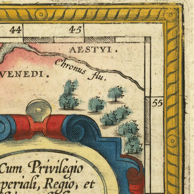 Mapa antiguo de Alemania y Polonia por Ortelius, 1624: Rin, Danubio, Mar del Norte, Bosques 