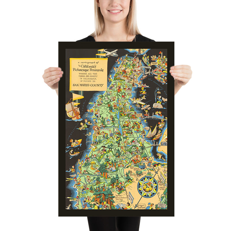Pictorial Map of San Mateo County, California by Ruth Taylor White, 1930: Southern Pacific Railroad, Crystal Springs Reservoir, Dumbarton Bridge, Redwood City, Half Moon Bay