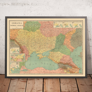 Old Map of Ukraine "Land of the Cossacks", 1943: Kyiv, Black Sea, Carpathians