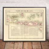 Ancienne carte de Bali, Lombok, Komodo, Sumbawa et d'une partie de Java par Delavault, 1827 : Surabaya, Denpasar 