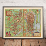 Old Map of Autun & Nevers by Braun & Hogenberg, 1581: City Walls, Cathedrals, Ducal Palace, Loire & Arroux Rivers, Bridges