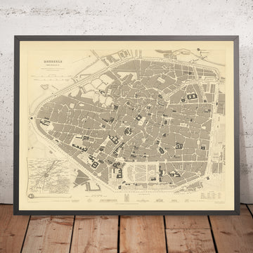 Old Map of Brussels by SDUK, 1837: Grand Place, Royal Palace, Parliament, St. Gudula Cathedral, Canal ring