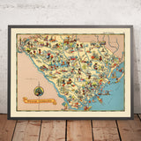 Pictorial Map of South Carolina by Ruth Taylor White, 1935: Columbia, Charleston, Greenville, Atlantic Coast, County Borders