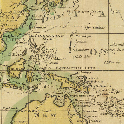 Ancienne carte du monde de Mercator montrant les découvertes du Capitaine Cook par Carey, 1814 : Pacifique centré 