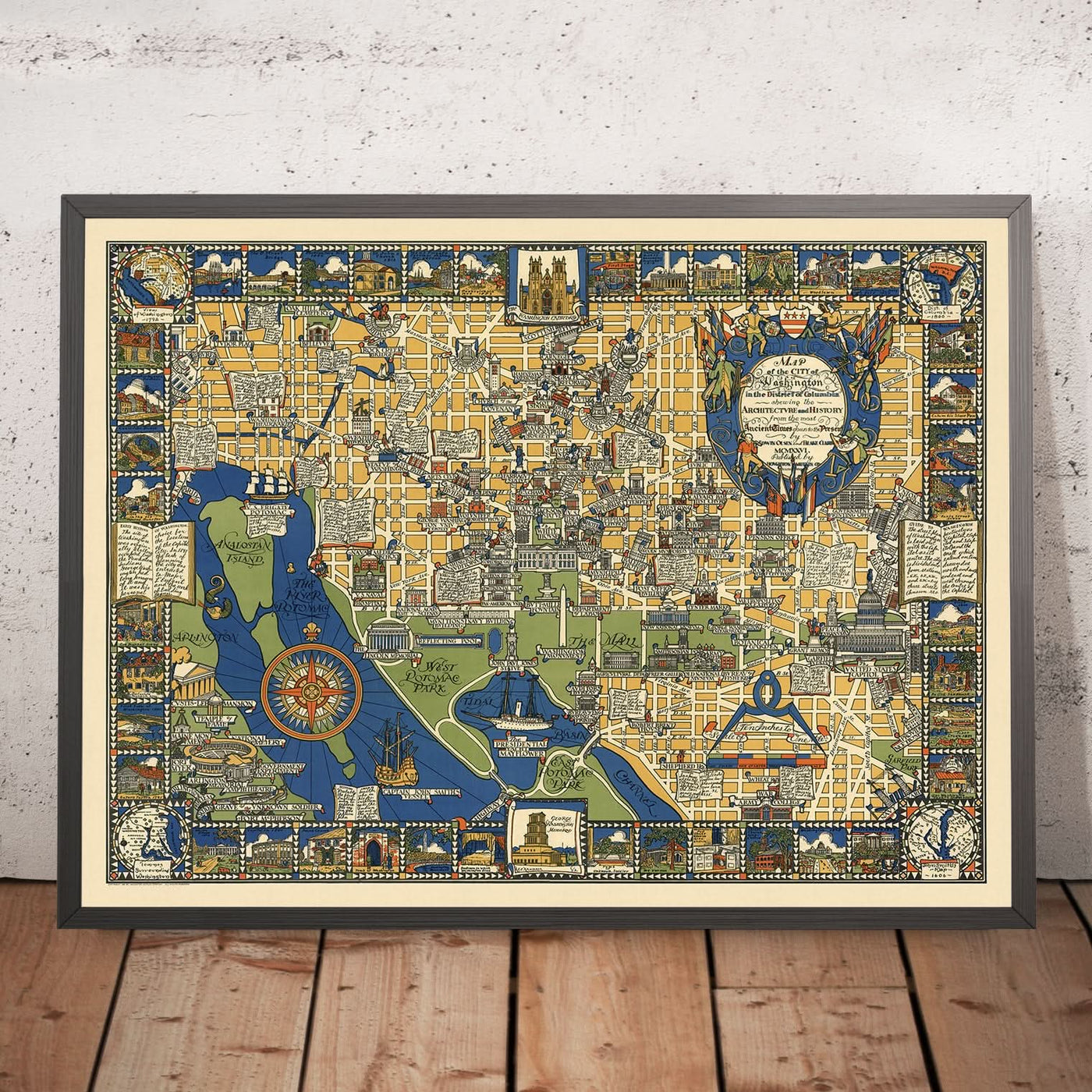 Old Pictorial Map of Washington D.C. by Olsen, 1926: White House, Capitol, Lincoln Memorial, Georgetown, The Mall
