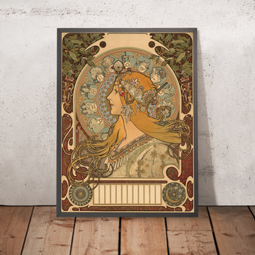 A framed image of La Plume by Alphonse Mucha, 1896