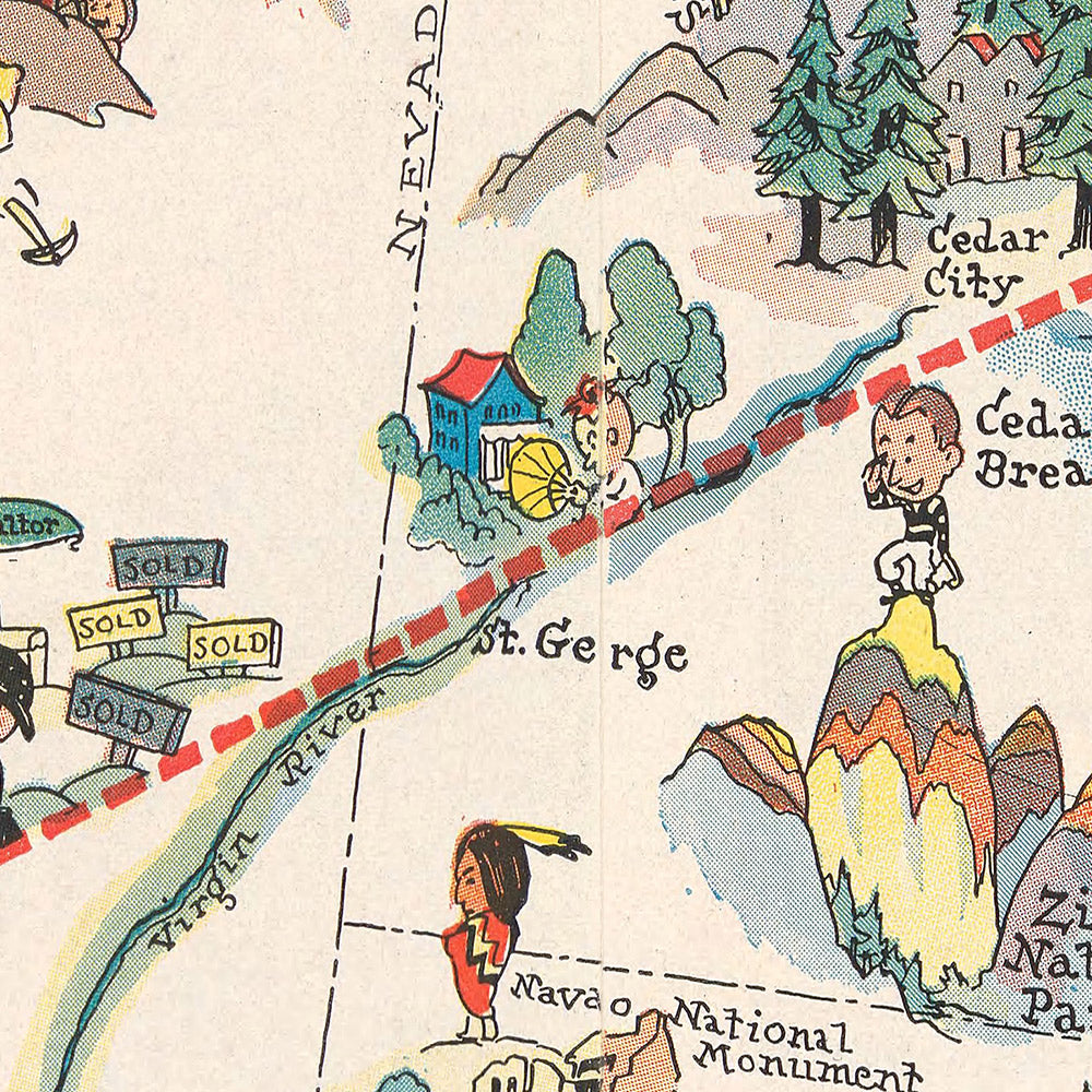 Pictorial Map of Los Angeles–Salt Lake City Air Route, 1929: Western Air Express, Tri-Motored Fokker, Las Vegas, Great Salt Lake, Zion National Park