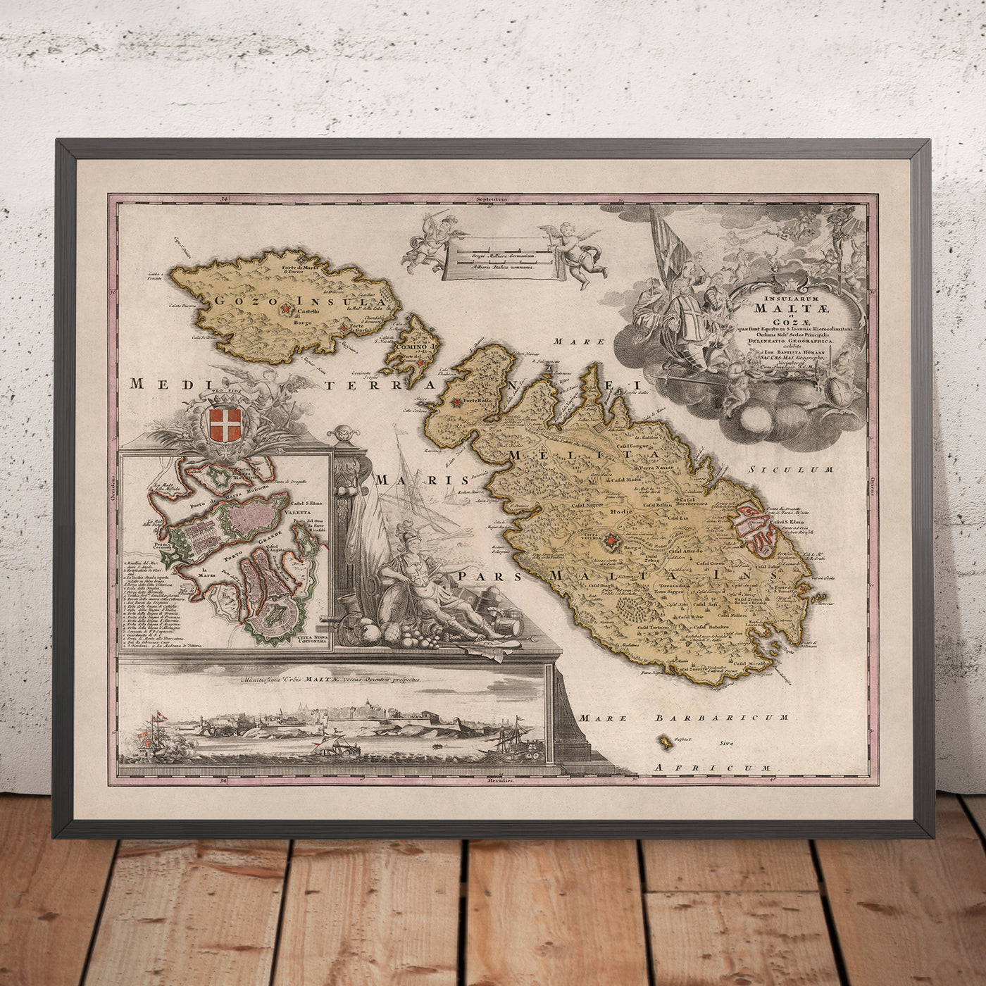 Ancienne carte de Malte par Homann, 1788 : La Valette, Mdina, fortifications, bateaux 