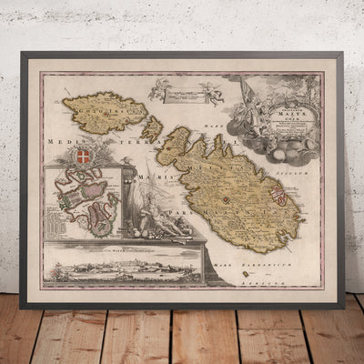 Ancienne carte de Malte par Homann, 1788 : La Valette, Mdina, fortifications, bateaux 