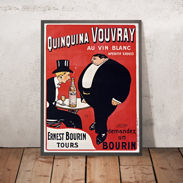 A framed image of Quinquina Vouvray Vintage Aperitif Poster by Maurice Biais, 1925