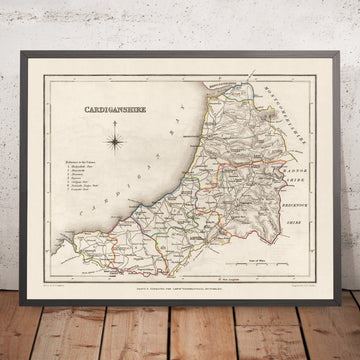 Antike Karte von Ceredigion, Wales von Lewis, 1844: Cardigan Bay, Aberystwyth, Cardigan, Lampeter 
