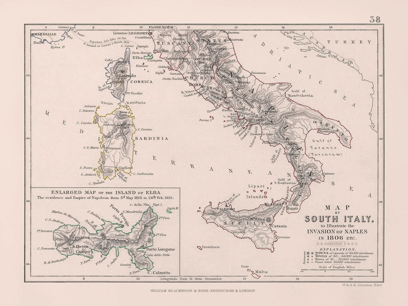 Alte Karte von Napoleons Invasion von Neapel in Süditalien, 1806: Rom, Elba, Sizilien, Kalabrien 