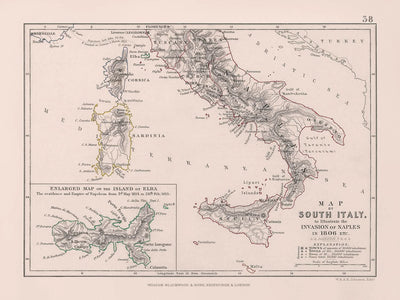 Alte Karte von Napoleons Invasion von Neapel in Süditalien, 1806: Rom, Elba, Sizilien, Kalabrien 