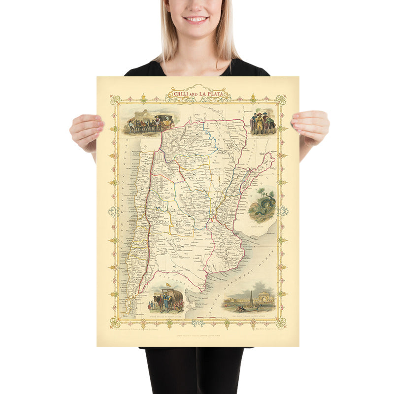 Antigua Mapa de Argentina y Chile por Tallis, 1851: Buenos Aires, Andes, Santiago, Viñetas 