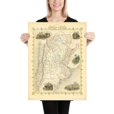 Antigua Mapa de Argentina y Chile por Tallis, 1851: Buenos Aires, Andes, Santiago, Viñetas 