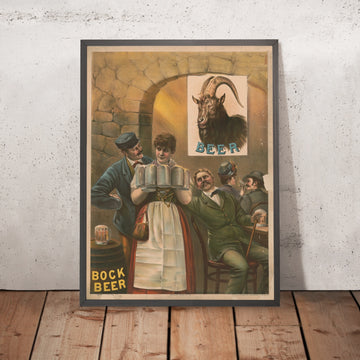 A framed image of Cellar Bock Vintage Bock Beer Poster by Henry Jerome Schile, 1889
