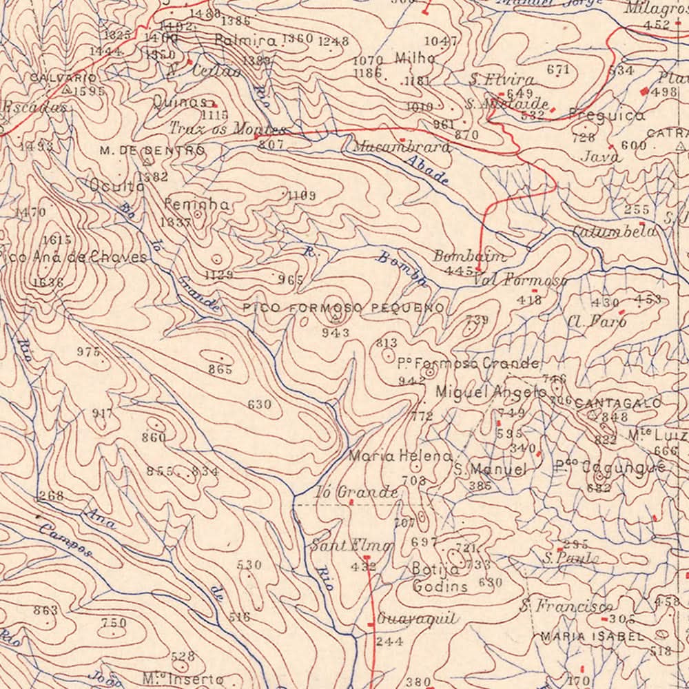 Ancienne carte de São Tomé, 1945 : São Tomé, Neves, Trindade, rivières, montagnes