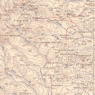 Ancienne carte de São Tomé, 1945 : São Tomé, Neves, Trindade, rivières, montagnes