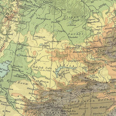 Old Physical Map of Asia by Schrader, 1931: Vivid Relief, Paris Meridian