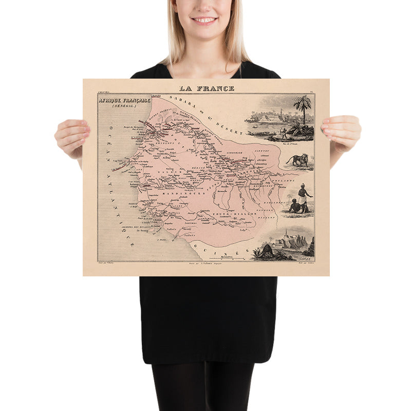 Mappa Antica del Senegal (Africa Francese) di Vuillemin, 1869: Dakar, Saint-Louis, Fiumi Senegal e Gambia, Coloniale 