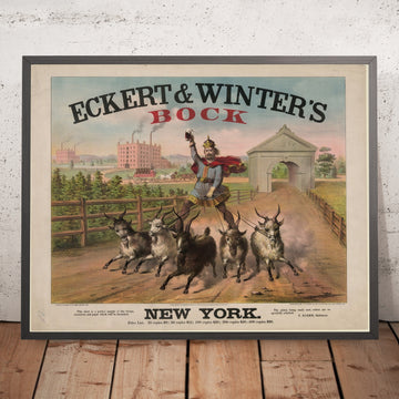 A framed image of Eckert & Winter’s Vintage Bock Beer Poster, 1877